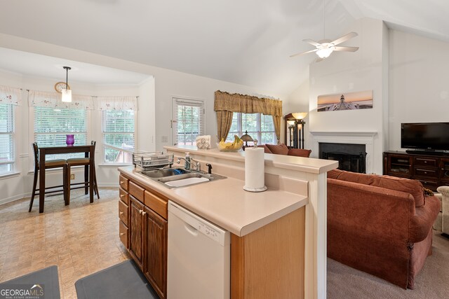 491 Brickleberry Rdg, Athens, GA 30605 - kitchen featuring dishwasher, open floor plan, a ceiling fan, a fireplace, and light countertops