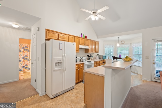 491 Brickleberry Rdg, Athens, GA 30605 - kitchen featuring white appliances, under cabinet range hood, light countertops, ceiling fan, and high vaulted ceiling