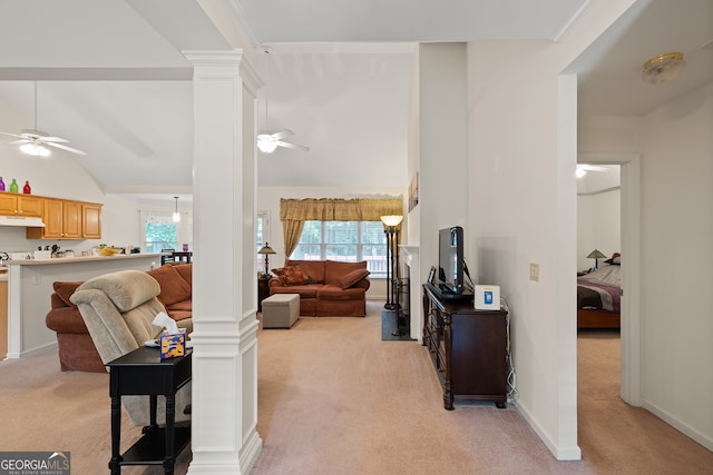 491 Brickleberry Rdg, Athens, GA 30605 - living room with ceiling fan, light carpet, decorative columns, and vaulted ceiling
