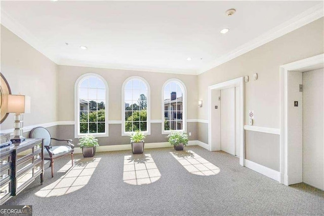 3635 E Paces Cir NE Unit 1405, Atlanta, GA 30326 - living area with carpet, crown molding, elevator, and recessed lighting