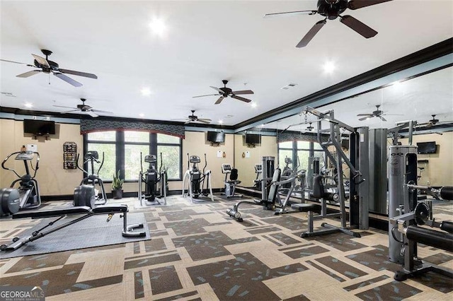 3635 E Paces Cir NE Unit 1405, Atlanta, GA 30326 - gym featuring crown molding, carpet floors, a ceiling fan, and recessed lighting