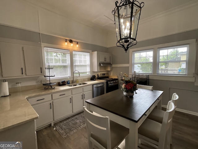 1012 Institute St NW, Conyers, GA 30012 - kitchen with stainless steel appliances, a chandelier, dark wood-style flooring, white cabinetry, and light countertops