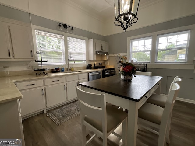 1012 Institute St NW, Conyers, GA 30012 - kitchen with stainless steel appliances, dark wood finished floors, ornamental molding, under cabinet range hood, and white cabinets