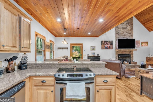 2357 Haven Heights Rd, Hiawassee, GA 30546 - kitchen featuring appliances with stainless steel finishes, wooden ceiling, a peninsula, light brown cabinetry, and light wood-style flooring