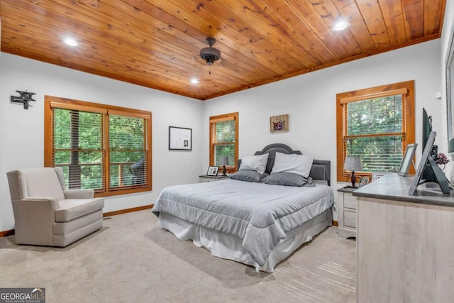 2357 Haven Heights Rd, Hiawassee, GA 30546 - bedroom featuring wood ceiling, multiple windows, recessed lighting, and light colored carpet