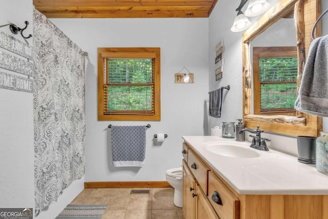 2357 Haven Heights Rd, Hiawassee, GA 30546 - full bathroom with vanity, tile patterned floors, a shower with shower curtain, and wood ceiling
