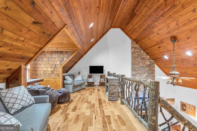 2357 Haven Heights Rd, Hiawassee, GA 30546 - living area featuring wooden ceiling, wood finished floors, lofted ceiling, ceiling fan, and wood walls
