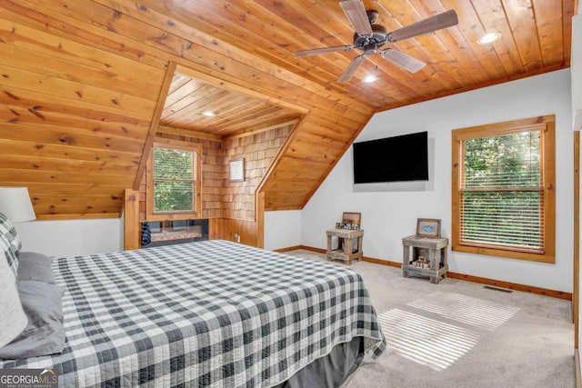 2357 Haven Heights Rd, Hiawassee, GA 30546 - carpeted bedroom with wood ceiling, multiple windows, vaulted ceiling, and a wood stove
