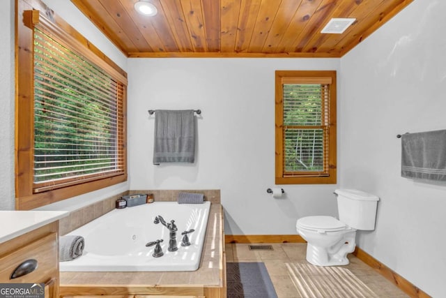 2357 Haven Heights Rd, Hiawassee, GA 30546 - bathroom with a tub with jets, tile patterned floors, vanity, wooden ceiling, and crown molding