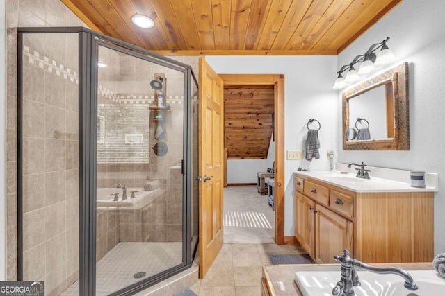 2357 Haven Heights Rd, Hiawassee, GA 30546 - full bathroom with vanity, tile patterned flooring, a shower stall, wood ceiling, and recessed lighting