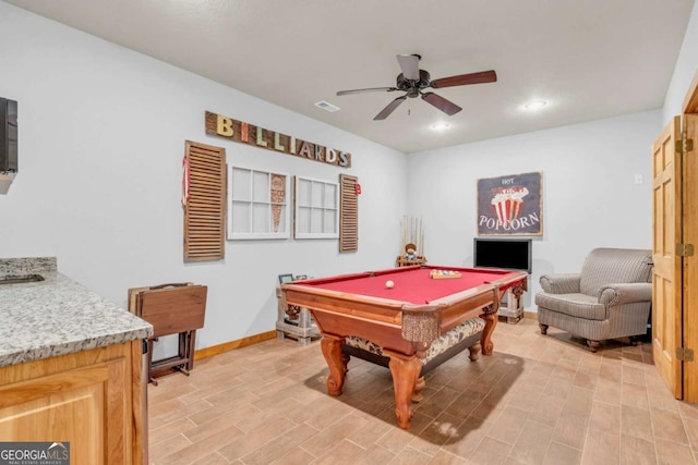2357 Haven Heights Rd, Hiawassee, GA 30546 - rec room with billiards table, ceiling fan, recessed lighting, and light wood-style flooring