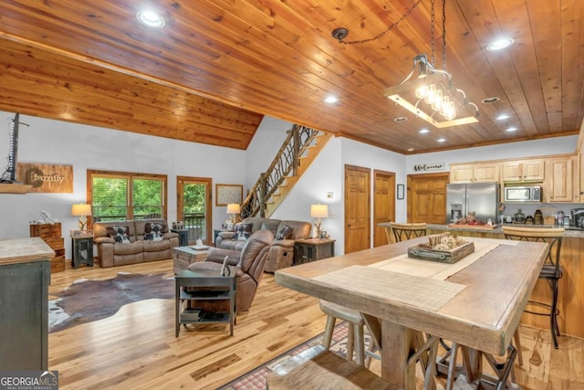 2357 Haven Heights Rd, Hiawassee, GA 30546 - dining area with stairway, wooden ceiling, light wood finished floors, and recessed lighting