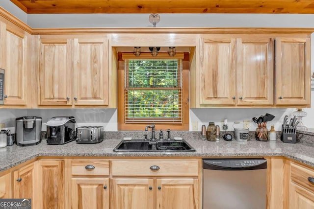 2357 Haven Heights Rd, Hiawassee, GA 30546 - kitchen with stainless steel dishwasher, light brown cabinets, and light stone counters