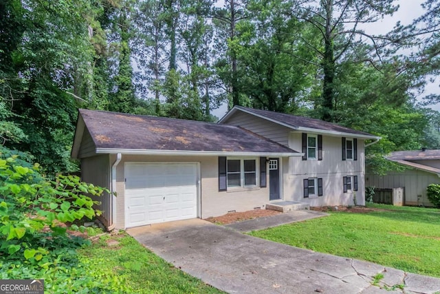 1539 Pine Glen Cir, Decatur, GA 30035 - split level home featuring an attached garage, driveway, a front lawn, roof with shingles, and crawl space