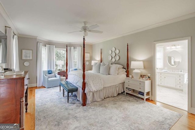 1060 Woodhollow Ln, Athens, GA 30606 - bedroom featuring crown molding, light wood-type flooring, ensuite bath, and a ceiling fan