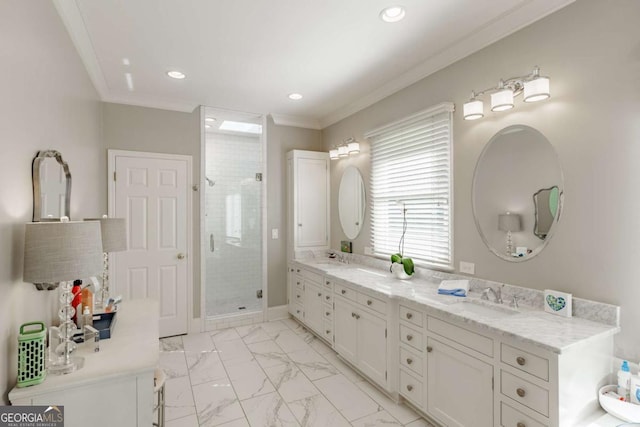 1060 Woodhollow Ln, Athens, GA 30606 - bathroom featuring double vanity, ornamental molding, a shower stall, marble look tile flooring, and recessed lighting