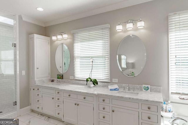 1060 Woodhollow Ln, Athens, GA 30606 - bathroom featuring double vanity, a stall shower, crown molding, and marble finish flooring