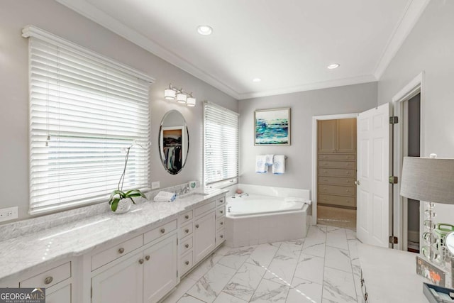 1060 Woodhollow Ln, Athens, GA 30606 - bathroom featuring a bath, ornamental molding, vanity, marble finish flooring, and recessed lighting