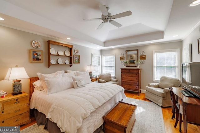 1060 Woodhollow Ln, Athens, GA 30606 - bedroom with a tray ceiling, recessed lighting, multiple windows, light wood finished floors, and ceiling fan