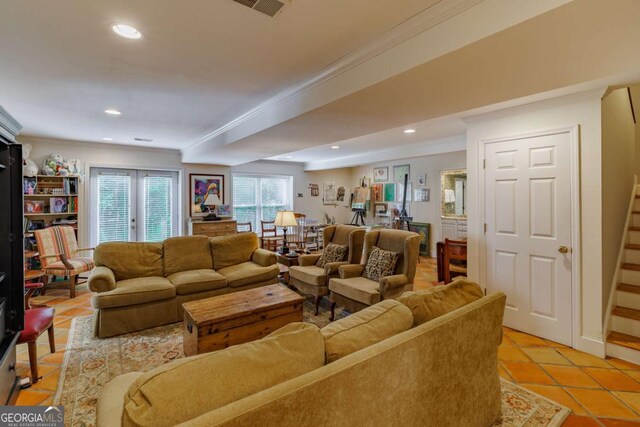1060 Woodhollow Ln, Athens, GA 30606 - living area with crown molding, stairway, recessed lighting, and light tile patterned flooring