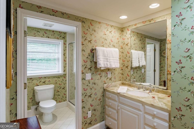 1060 Woodhollow Ln, Athens, GA 30606 - full bathroom featuring vanity, ornamental molding, a stall shower, tile patterned flooring, and recessed lighting