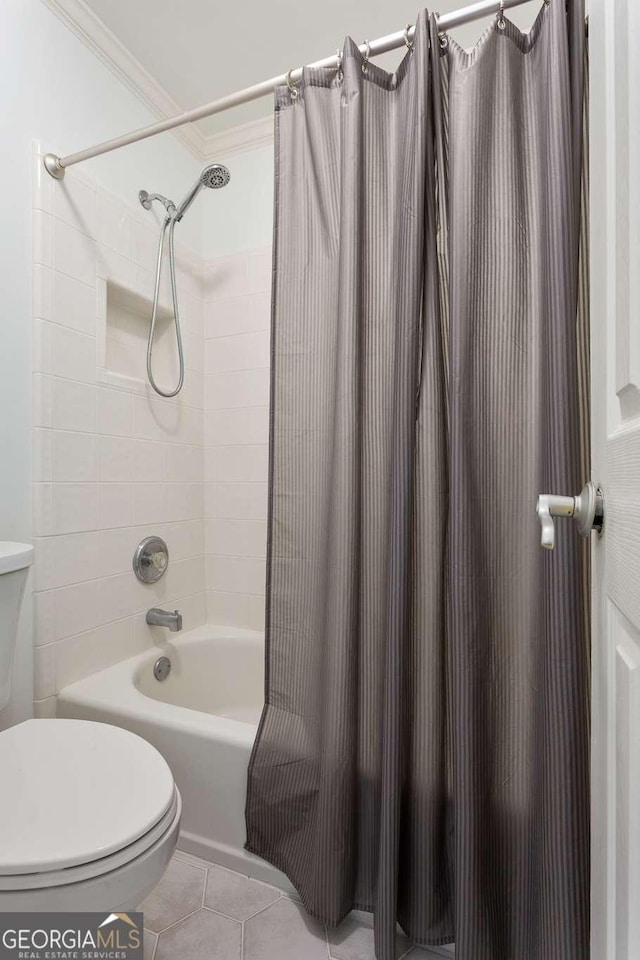 5007 Highland Oaks Ct SE, Smyrna, GA 30126 - full bathroom with tile patterned flooring, shower / bath combo with shower curtain, and ornamental molding