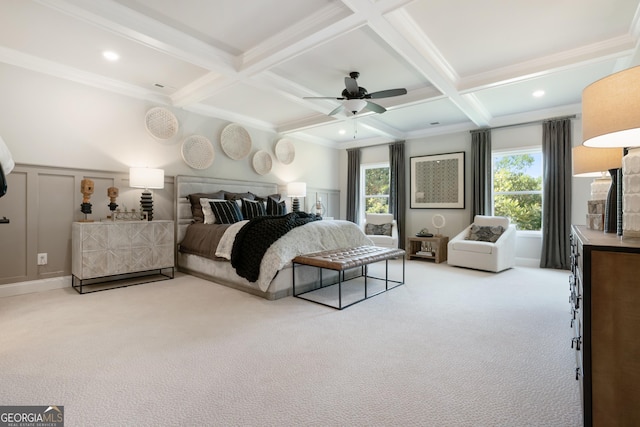 550 Azalea Xing, Dallas, GA 30132 - carpeted bedroom with multiple windows, beam ceiling, coffered ceiling, ornamental molding, and a decorative wall
