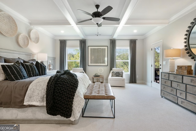 550 Azalea Xing, Dallas, GA 30132 - carpeted bedroom featuring multiple windows, beamed ceiling, coffered ceiling, ornamental molding, and recessed lighting
