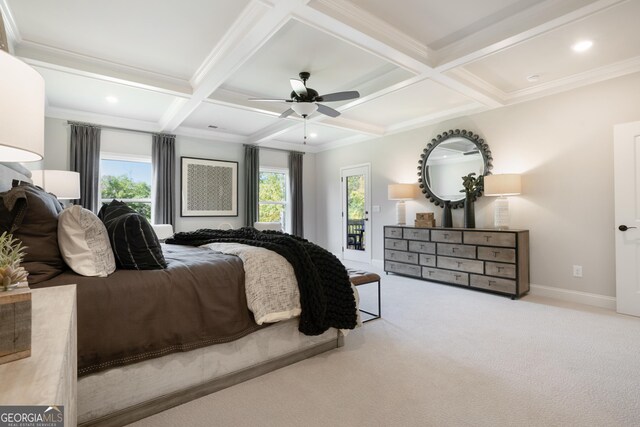 550 Azalea Xing, Dallas, GA 30132 - bedroom with multiple windows, carpet flooring, beam ceiling, coffered ceiling, and access to outside