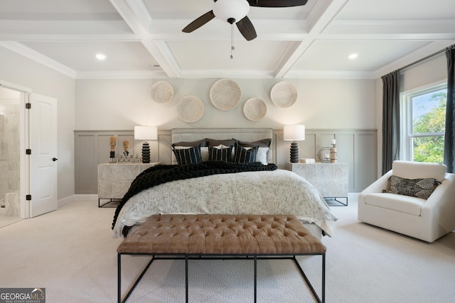 550 Azalea Xing, Dallas, GA 30132 - carpeted bedroom featuring coffered ceiling, beamed ceiling, crown molding, and a ceiling fan