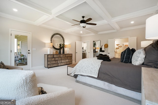 550 Azalea Xing, Dallas, GA 30132 - carpeted bedroom featuring coffered ceiling, beamed ceiling, recessed lighting, ceiling fan, and ensuite bathroom
