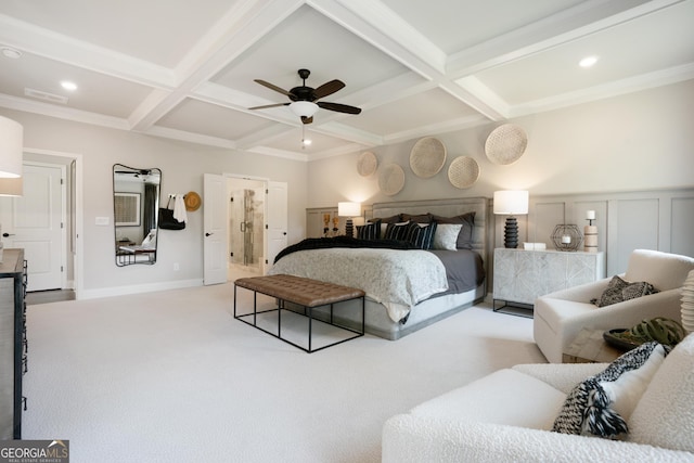 550 Azalea Xing, Dallas, GA 30132 - carpeted bedroom featuring coffered ceiling, beamed ceiling, recessed lighting, ensuite bathroom, and a ceiling fan