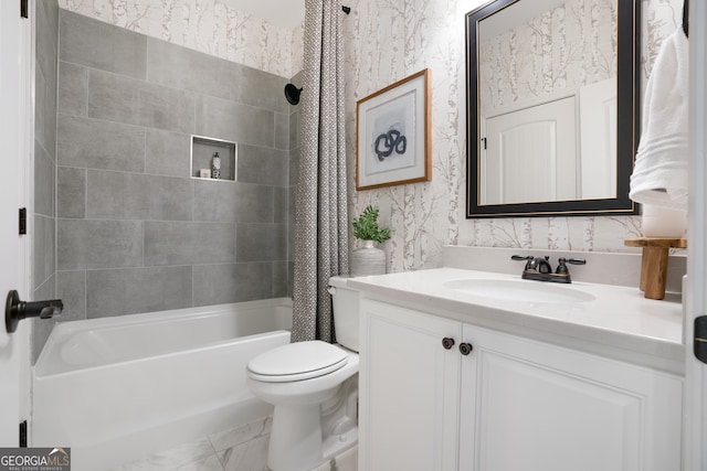 550 Azalea Xing, Dallas, GA 30132 - full bathroom featuring vanity, shower / bath combo, marble look tile flooring, and wallpapered walls