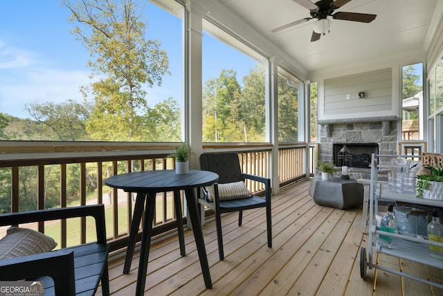 550 Azalea Xing, Dallas, GA 30132 - sunroom featuring a ceiling fan and a fireplace