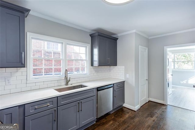 469 Mellview Ave, Atlanta, GA 30310 - kitchen featuring dishwasher, dark wood-style flooring, gray cabinets, backsplash, and crown molding