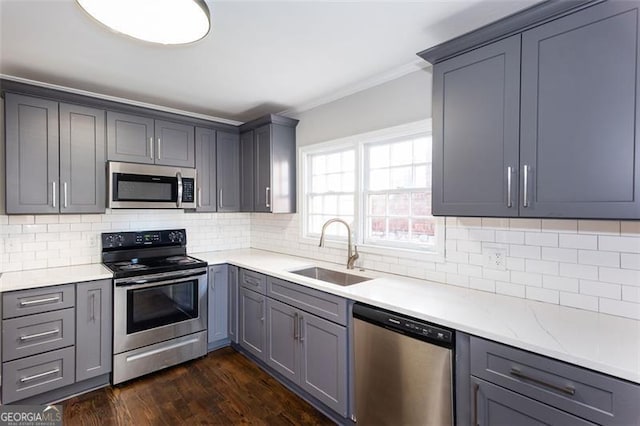 469 Mellview Ave, Atlanta, GA 30310 - kitchen with stainless steel appliances, crown molding, dark wood finished floors, gray cabinets, and tasteful backsplash