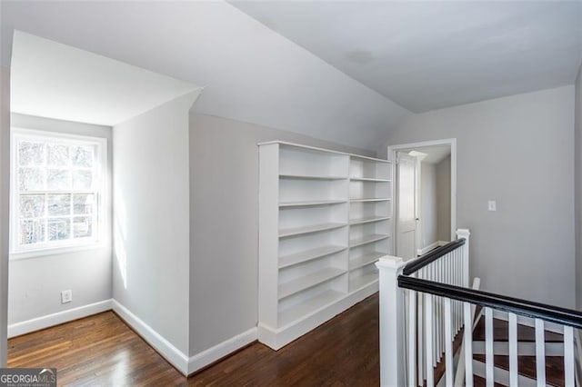 469 Mellview Ave, Atlanta, GA 30310 - corridor featuring an upstairs landing, dark wood-type flooring, and vaulted ceiling