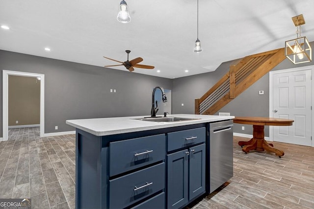 67 Mcnelley Dr, Morganton, GA 30560 - kitchen with dishwasher, light wood-type flooring, ceiling fan, blue cabinets, and recessed lighting
