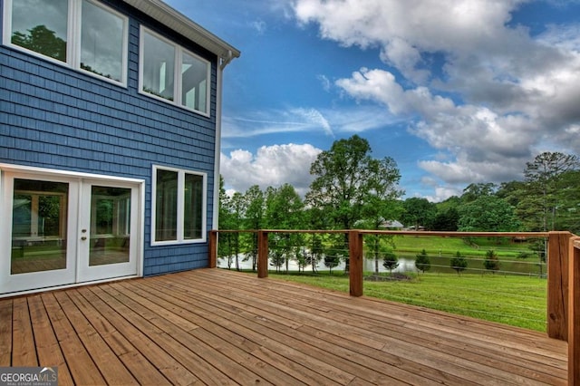 67 Mcnelley Dr, Morganton, GA 30560 - wooden deck featuring a water view, a lawn, view of wooded area, and french doors