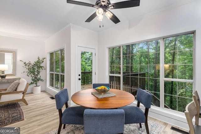 5560 Pilgrim Point Ext, Cumming, GA 30041 - dining room with light wood finished floors, plenty of natural light, crown molding, and ceiling fan