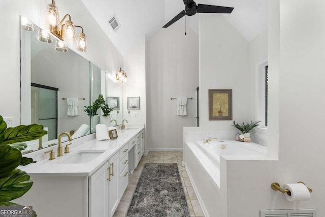 5560 Pilgrim Point Ext, Cumming, GA 30041 - full bathroom featuring double vanity, high vaulted ceiling, a bath, ceiling fan, and tile patterned flooring