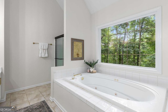 5560 Pilgrim Point Ext, Cumming, GA 30041 - full bath with a tub with jets, lofted ceiling, and healthy amount of natural light