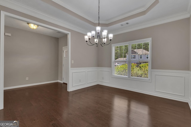 502 Creekside Dr, Lagrange, GA 30240 - spare room with a chandelier, dark wood-style floors, wainscoting, a raised ceiling, and ornamental molding