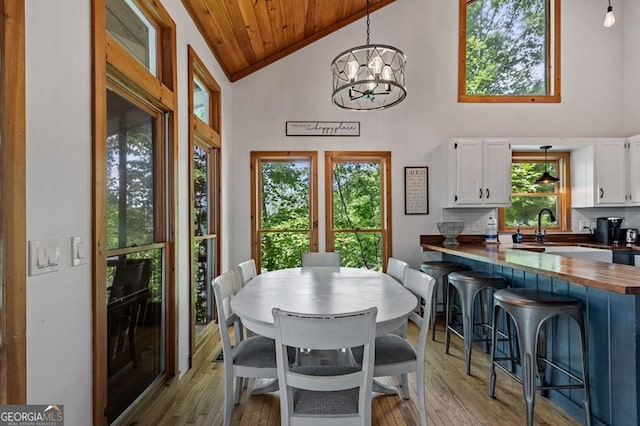 128 Overlake Ct, Morganton, GA 30560 - dining space featuring wood ceiling, light wood-style floors, a chandelier, and high vaulted ceiling