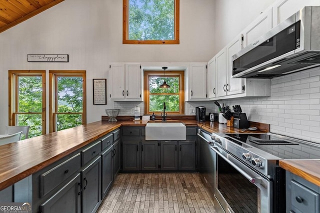 128 Overlake Ct, Morganton, GA 30560 - kitchen with wooden counters, stainless steel appliances, white cabinetry, high vaulted ceiling, and plenty of natural light