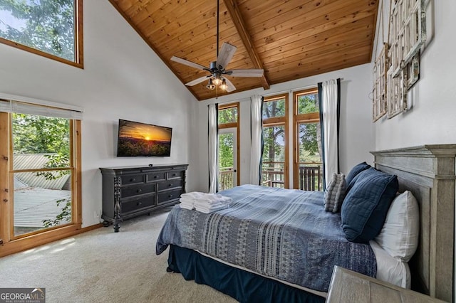 128 Overlake Ct, Morganton, GA 30560 - bedroom featuring carpet flooring, a wooden ceiling with exposed beams, high vaulted ceiling, and ceiling fan