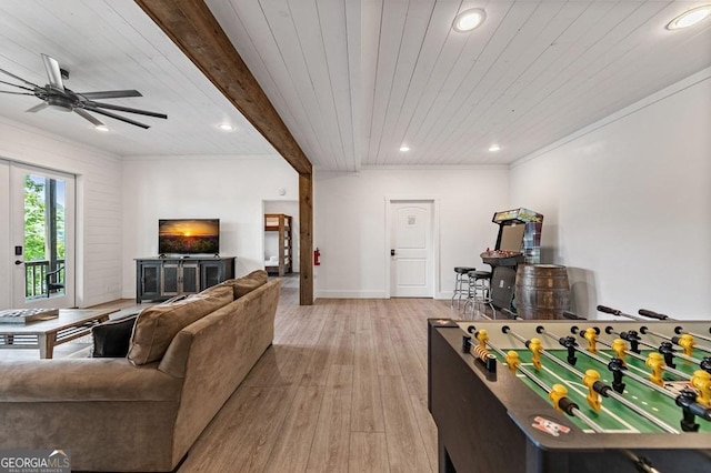 128 Overlake Ct, Morganton, GA 30560 - game room featuring light wood-type flooring, recessed lighting, a ceiling fan, and a wood ceiling with exposed beams