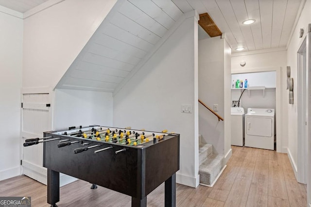 128 Overlake Ct, Morganton, GA 30560 - game room featuring washer and clothes dryer, light wood-style flooring, recessed lighting, wooden ceiling, and lofted ceiling