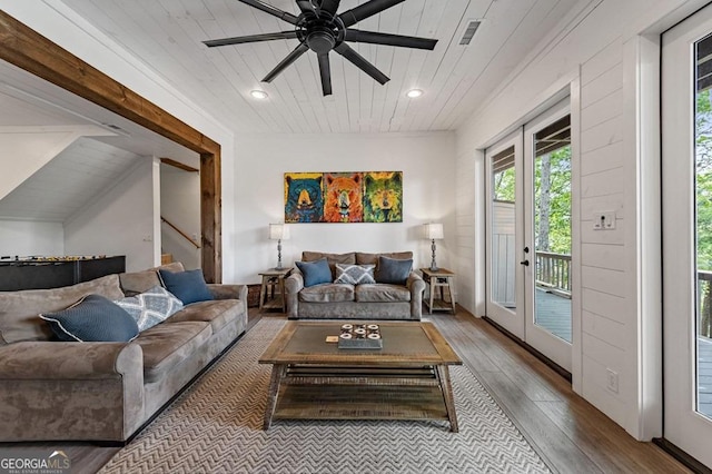 128 Overlake Ct, Morganton, GA 30560 - living area with wooden ceiling, wood-type flooring, a ceiling fan, stairway, and recessed lighting