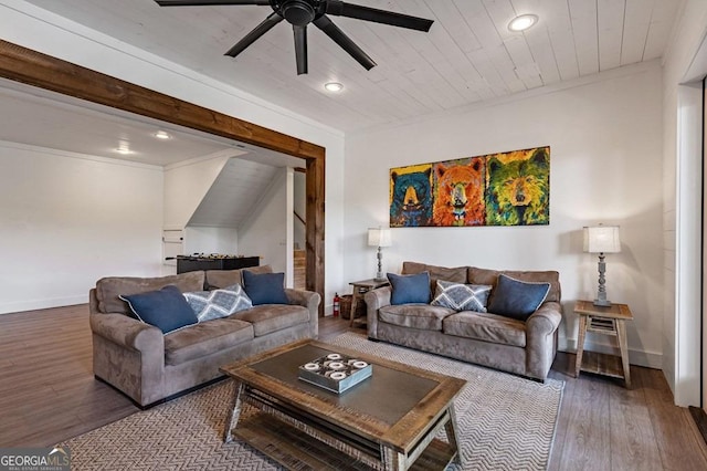 128 Overlake Ct, Morganton, GA 30560 - living room featuring wood finished floors, a ceiling fan, recessed lighting, and wood ceiling